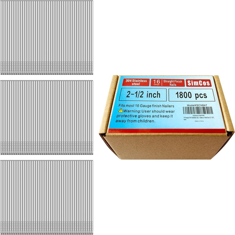 SimCos 16 Gauge 304 Stainless Steel Straight Finish Nails, Assorted Size Project Pack for Pneumatic, Electric Finish Nailer or Nail Gun (2-1/2") - Image 1